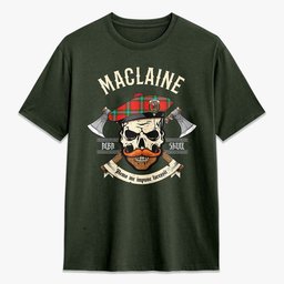 ScotsTee Shop Scottish MacLaine of Loch Buie Crest Tartan T-shirt Alba Skull Style