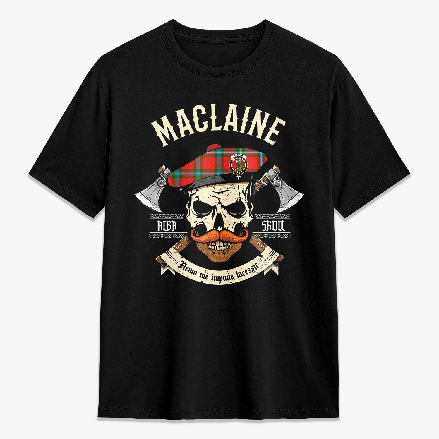 ScotsTee Shop Scottish MacLaine of Loch Buie Crest Tartan T-shirt Alba Skull Style
