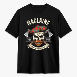 ScotsTee Shop Scottish MacLaine of Loch Buie Crest Tartan T-shirt Alba Skull Style