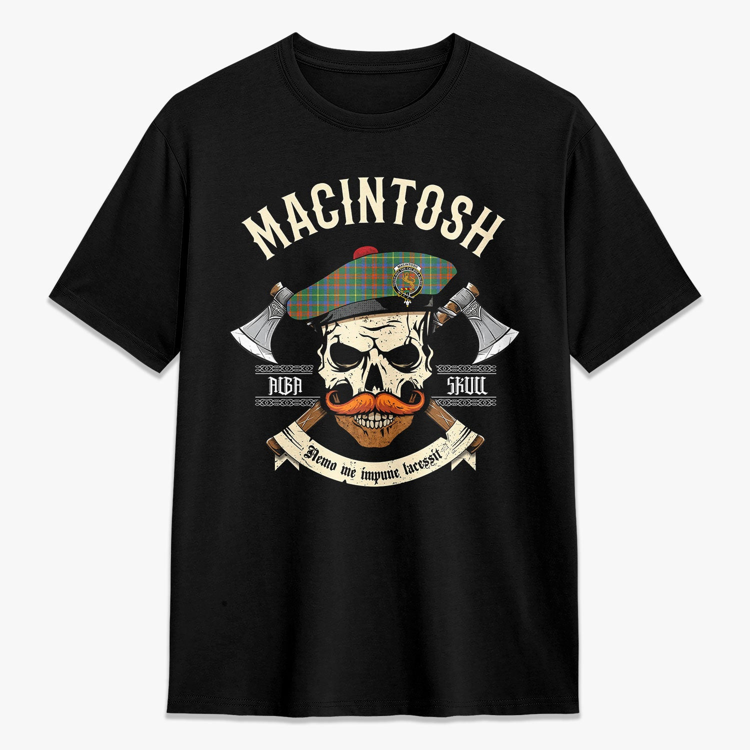 ScotsTee Shop Scottish MacIntosh Hunting Ancient Crest Tartan T-shirt Alba Skull Style