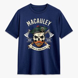 ScotsTee Shop Scottish MacAuley Hunting Ancient Crest Tartan T-shirt Alba Skull Style