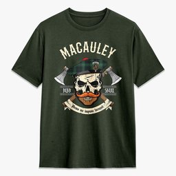 ScotsTee Shop Scottish MacAuley Hunting Ancient Crest Tartan T-shirt Alba Skull Style
