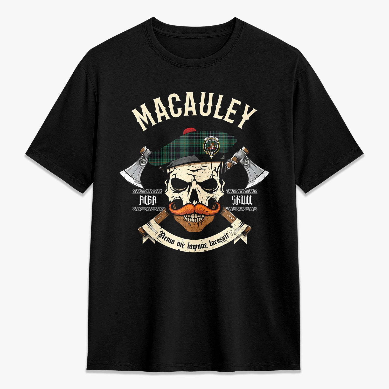 ScotsTee Shop Scottish MacAuley Hunting Ancient Crest Tartan T-shirt Alba Skull Style