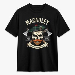 ScotsTee Shop Scottish MacAuley Hunting Ancient Crest Tartan T-shirt Alba Skull Style