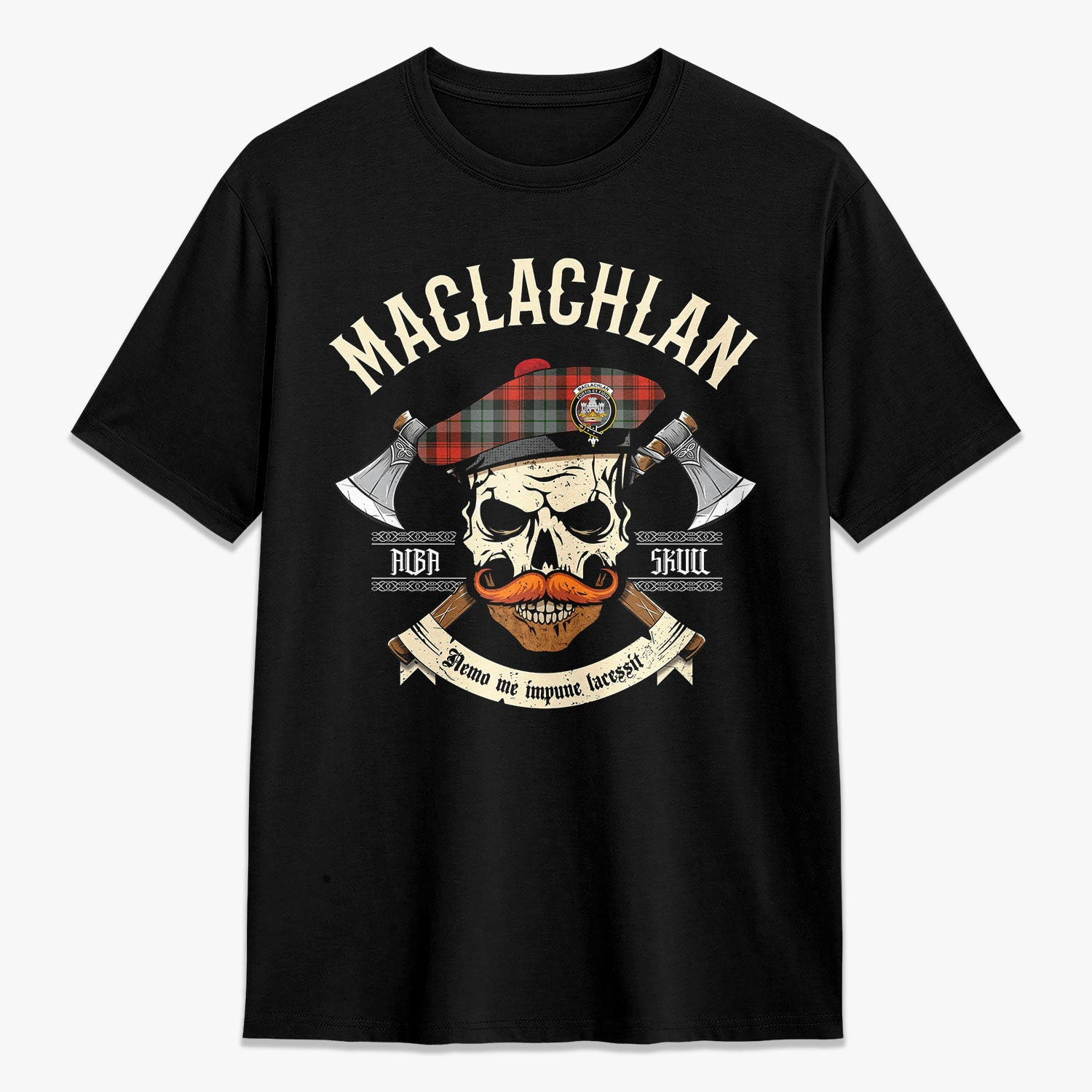 ScotsTee Shop Scottish MacLachlan Weathered Crest Tartan T-shirt Alba Skull Style