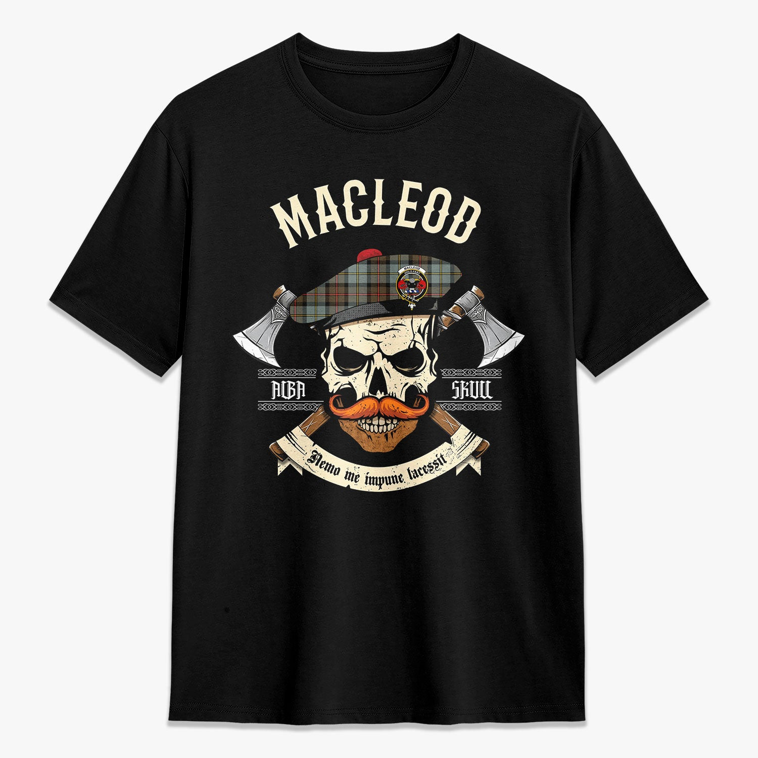 ScotsTee Shop Scottish MacLeod of Harris Weathered Crest Tartan T-shirt Alba Skull Style
