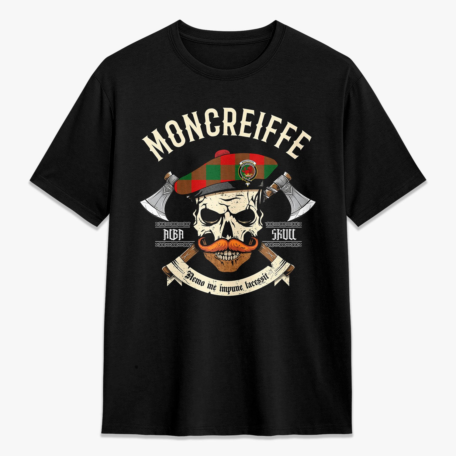 ScotsTee Shop Scottish Moncreiffe (or Moncreiff) Crest Tartan T-shirt Alba Skull Style