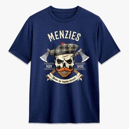 ScotsTee Shop Scottish Menzies Black - White Ancient Crest Tartan T-shirt Alba Skull Style