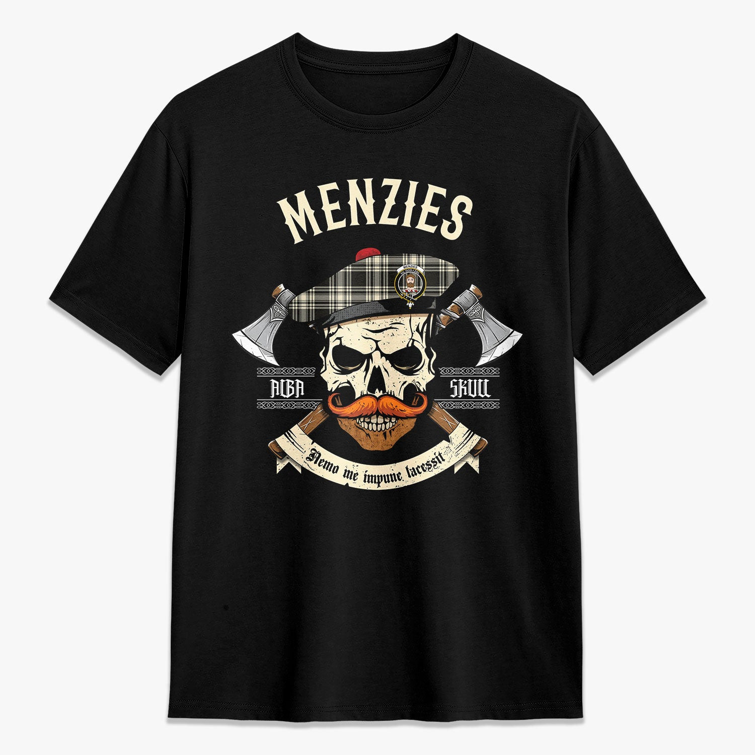 ScotsTee Shop Scottish Menzies Black - White Ancient Crest Tartan T-shirt Alba Skull Style