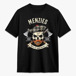 ScotsTee Shop Scottish Menzies Black - White Ancient Crest Tartan T-shirt Alba Skull Style