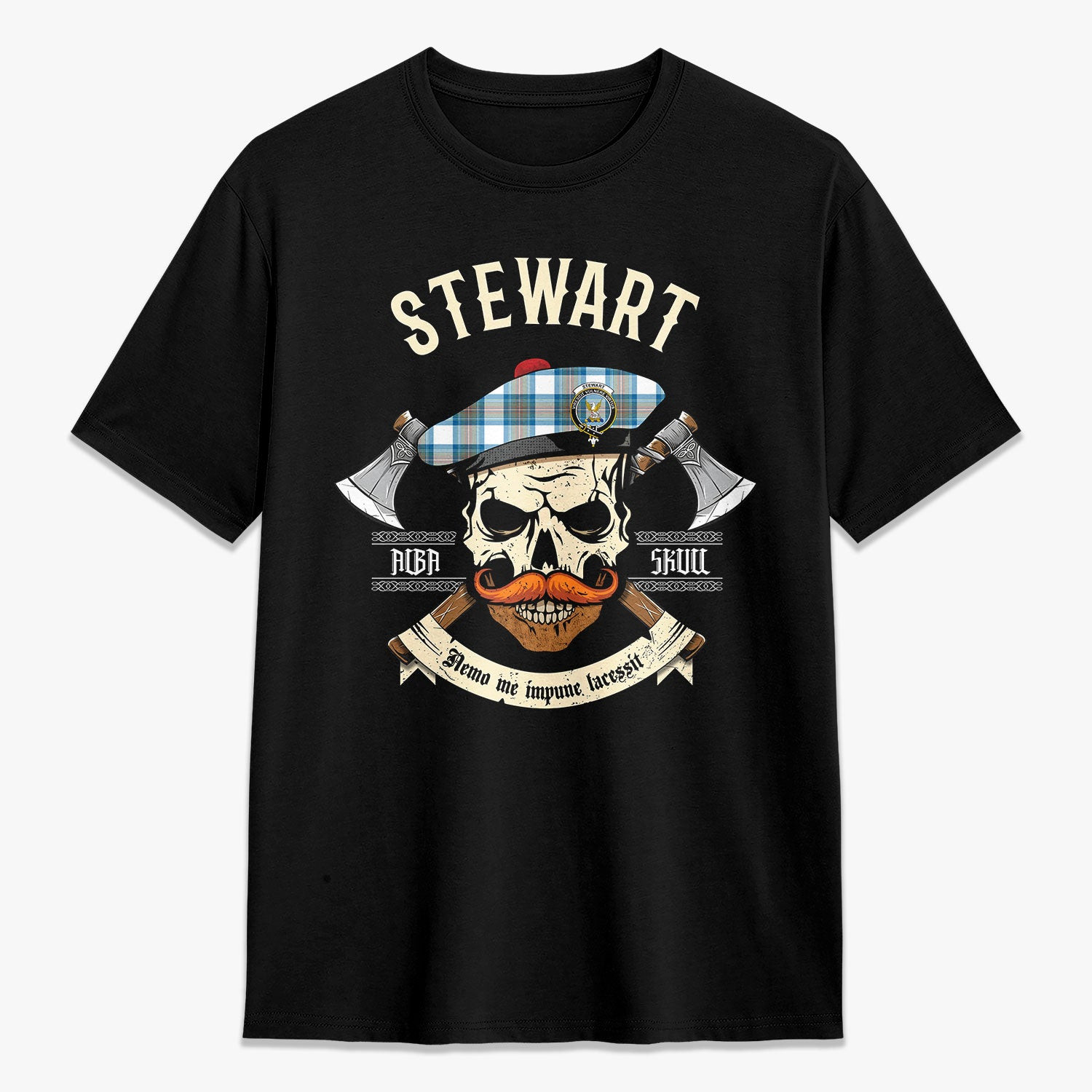 ScotsTee Shop Scottish Stewart Muted Blue Crest Tartan T-shirt Alba Skull Style