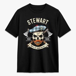 ScotsTee Shop Scottish Stewart Muted Blue Crest Tartan T-shirt Alba Skull Style