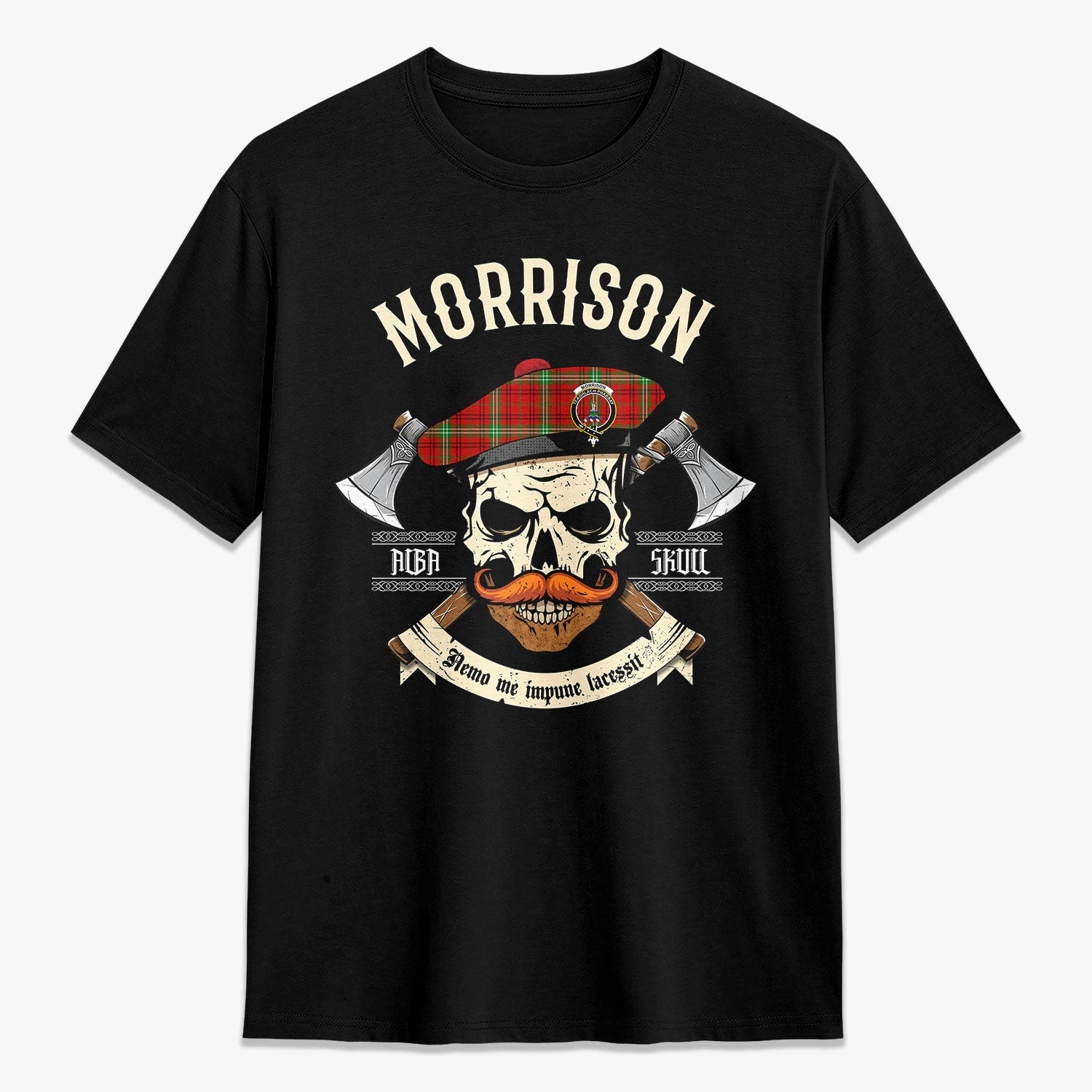 ScotsTee Shop Scottish Morrison Red Modern Crest Tartan T-shirt Alba Skull Style
