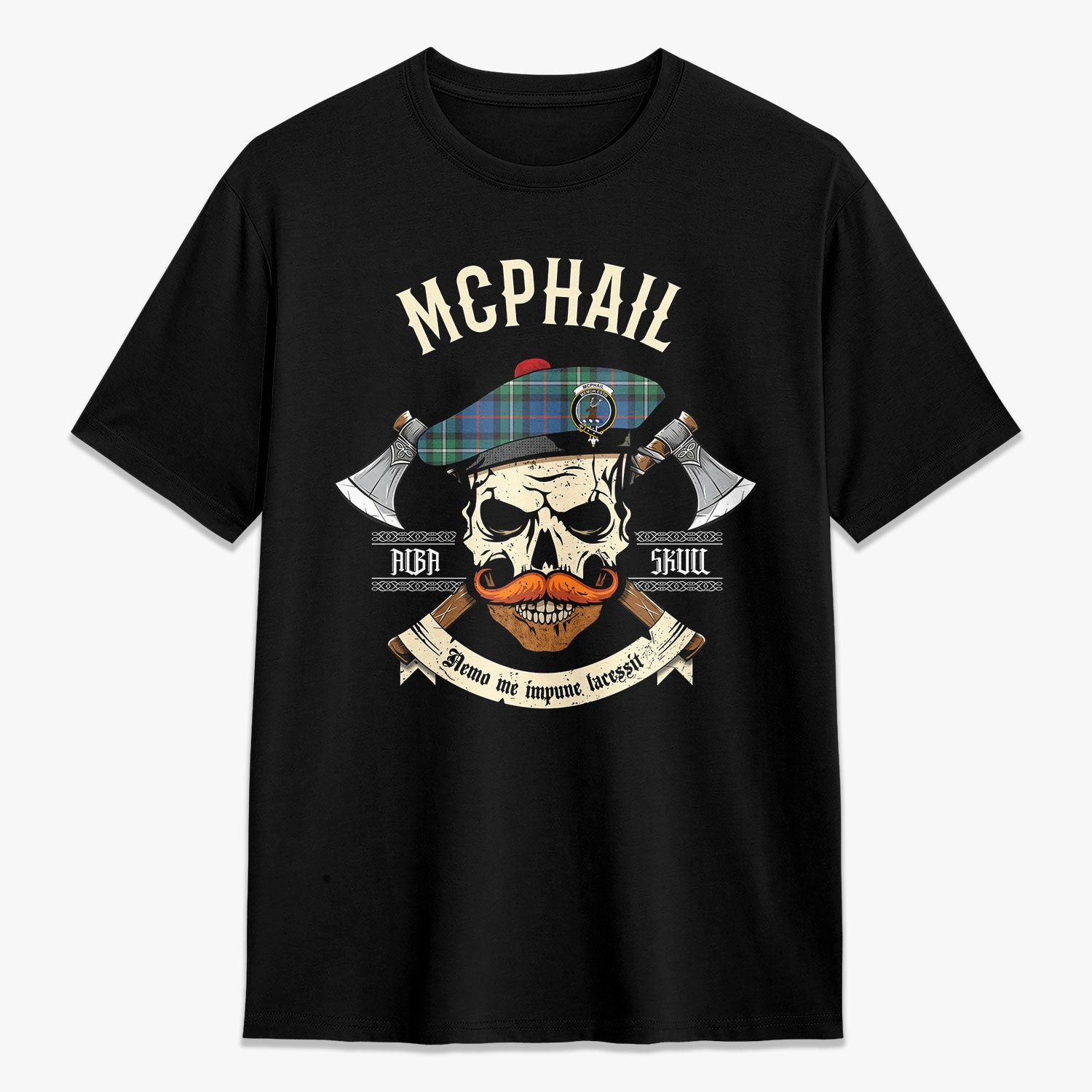 ScotsTee Shop Scottish McPhail Hunting Ancient Crest Tartan T-shirt Alba Skull Style