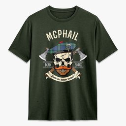 ScotsTee Shop Scottish McPhail Hunting Ancient Crest Tartan T-shirt Alba Skull Style