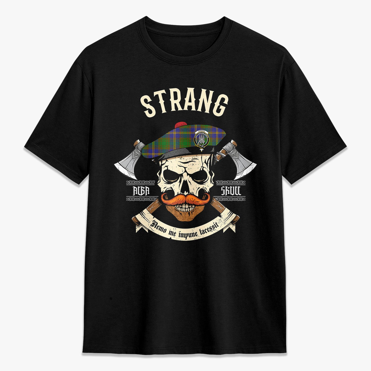 ScotsTee Shop Scottish Strang (or Strange) Crest Tartan T-shirt Alba Skull Style