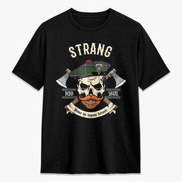 ScotsTee Shop Scottish Strang (or Strange) Crest Tartan T-shirt Alba Skull Style