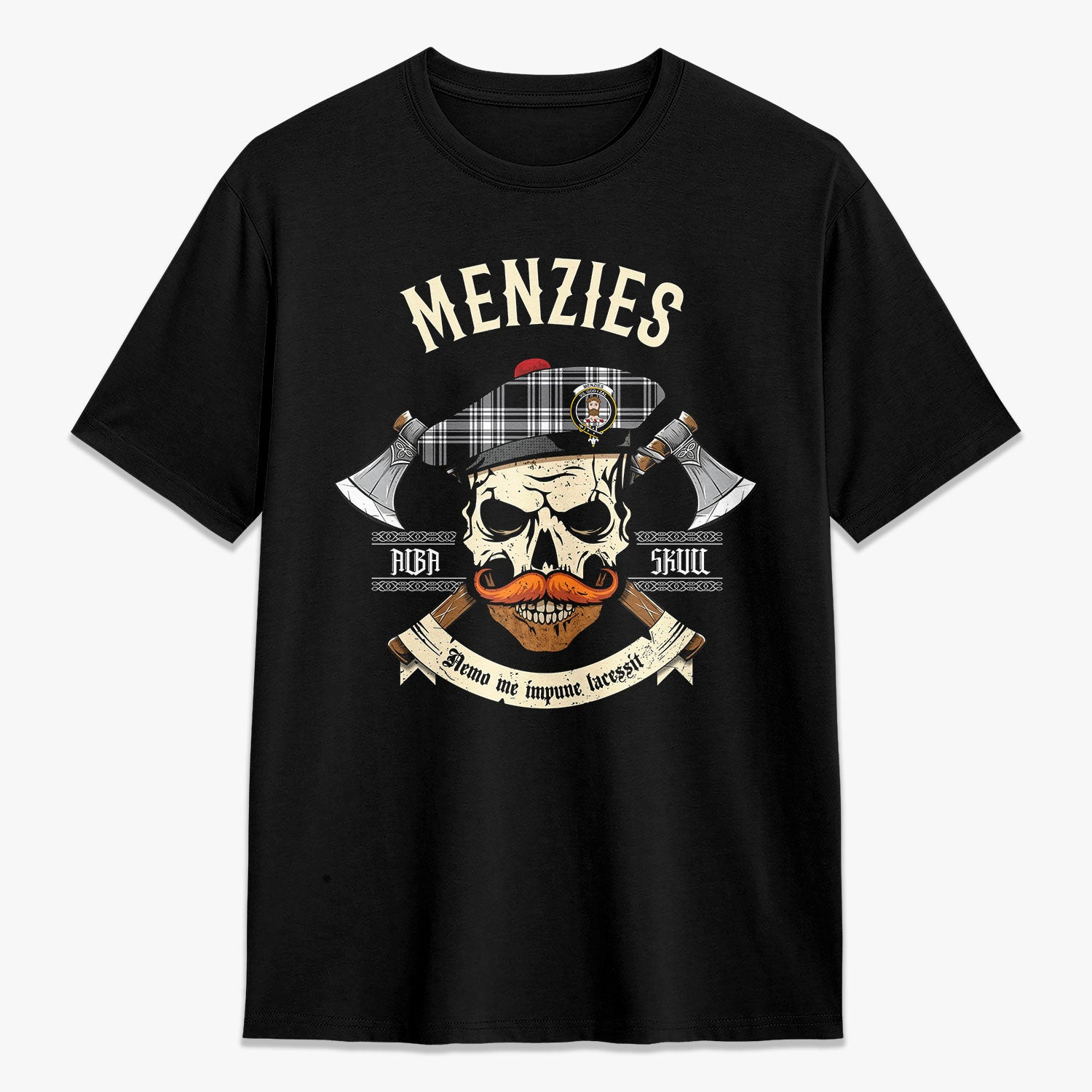 ScotsTee Shop Scottish Menzies Black - White Modern Crest Tartan T-shirt Alba Skull Style