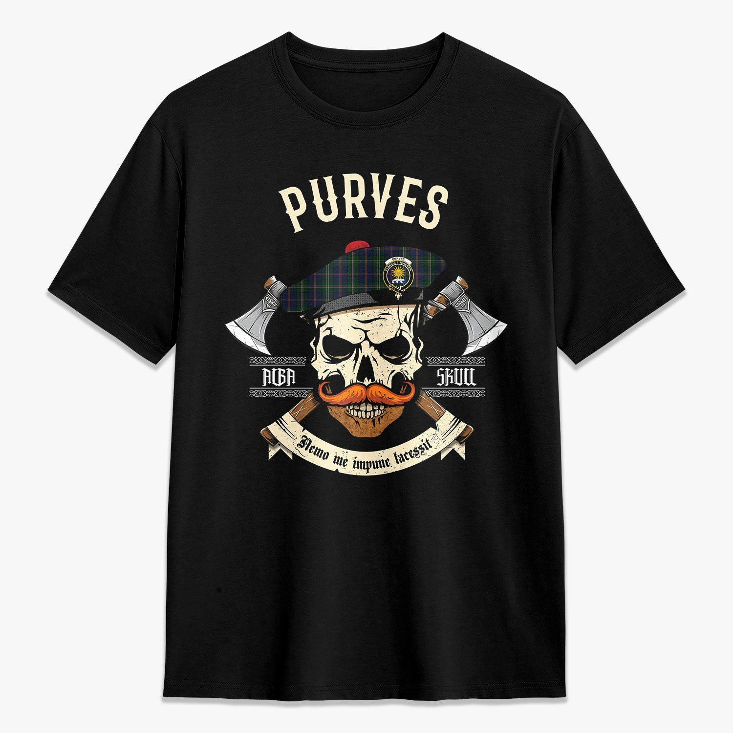 ScotsTee Shop Scottish Purves Crest Tartan T-shirt Alba Skull Style