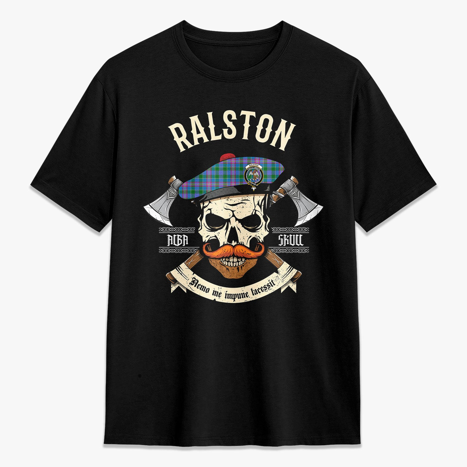 ScotsTee Shop Scottish Ralston Crest Tartan T-shirt Alba Skull Style