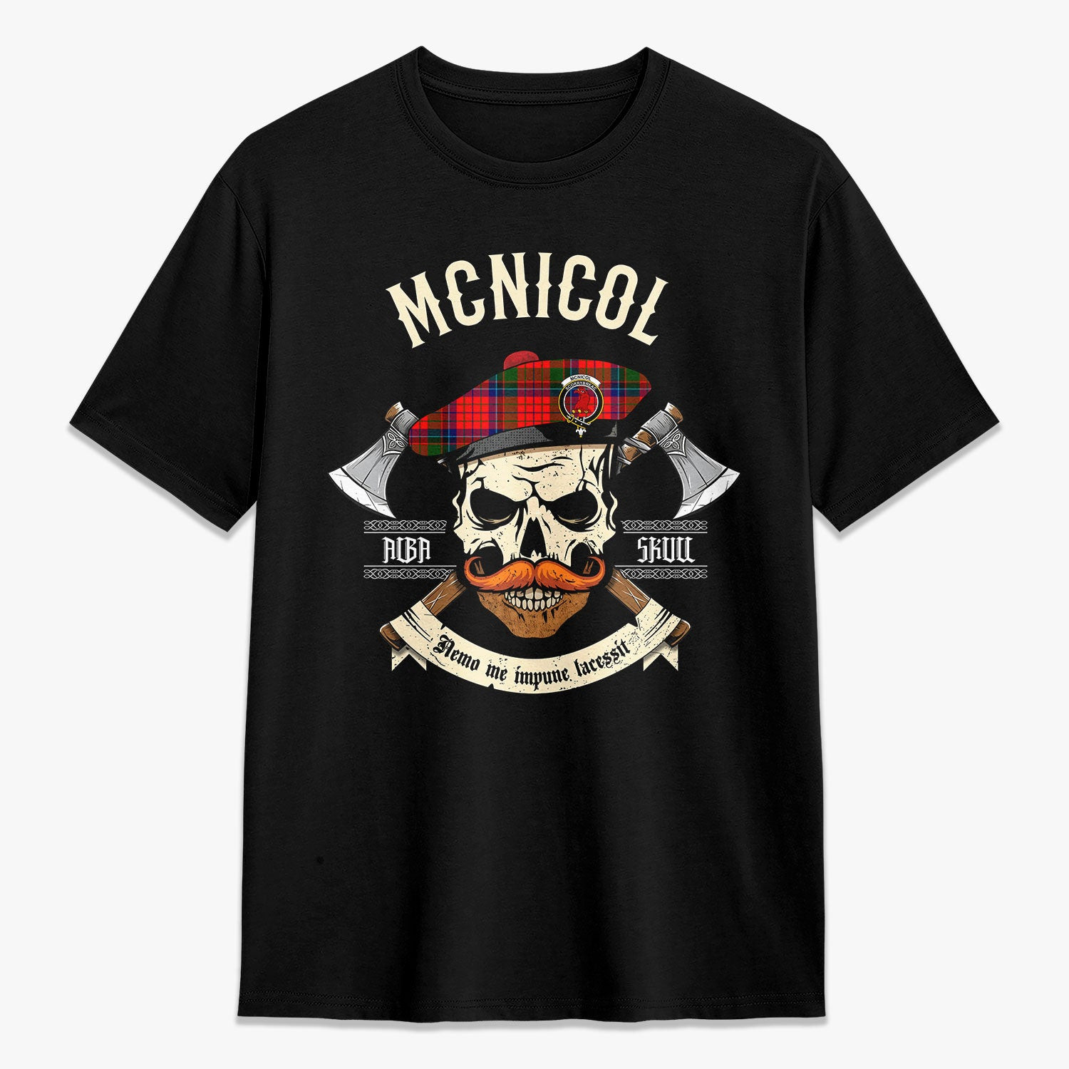 ScotsTee Shop Scottish McNicol (of Scorrybreac) Crest Tartan T-shirt Alba Skull Style