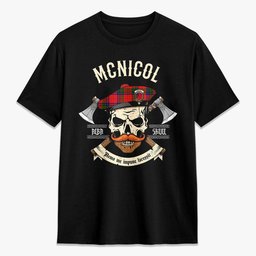 ScotsTee Shop Scottish McNicol (of Scorrybreac) Crest Tartan T-shirt Alba Skull Style