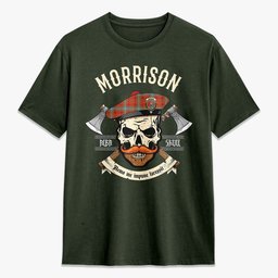 ScotsTee Shop Scottish Morrison Red Ancient Crest Tartan T-shirt Alba Skull Style