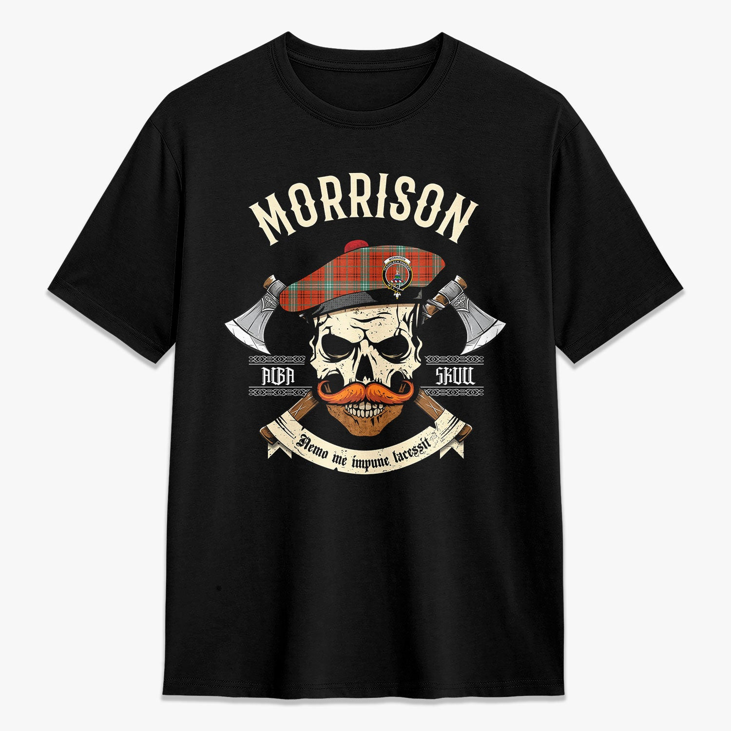 ScotsTee Shop Scottish Morrison Red Ancient Crest Tartan T-shirt Alba Skull Style