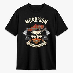 ScotsTee Shop Scottish Morrison Red Ancient Crest Tartan T-shirt Alba Skull Style