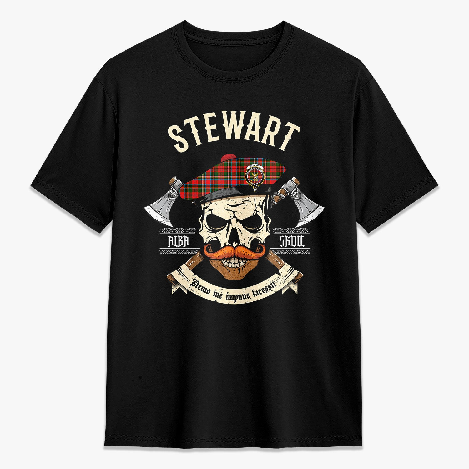 ScotsTee Shop Scottish Stewart Royal Crest Tartan T-shirt Alba Skull Style
