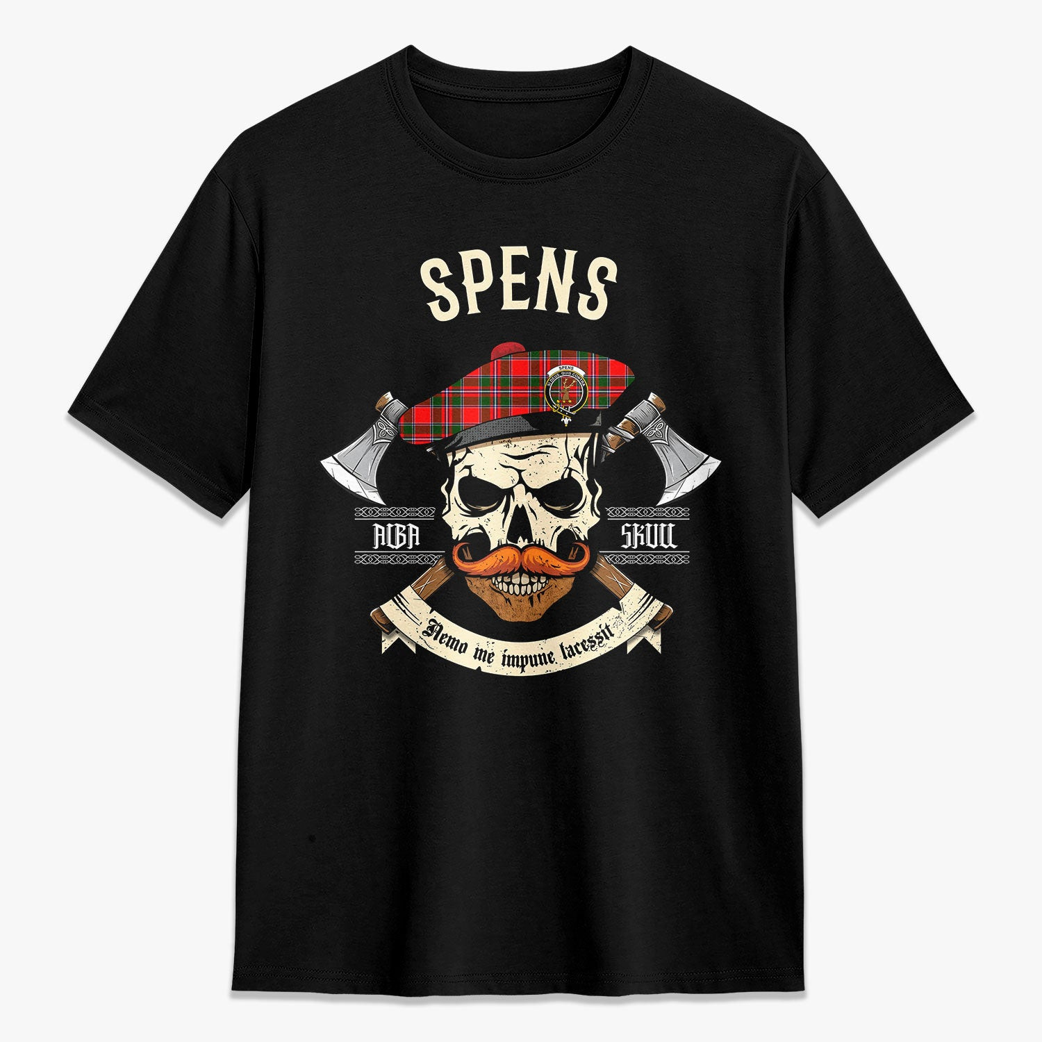ScotsTee Shop Scottish Spens (or Spence) Crest Tartan T-shirt Alba Skull Style