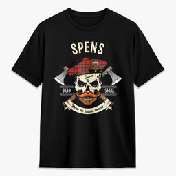 ScotsTee Shop Scottish Spens (or Spence) Crest Tartan T-shirt Alba Skull Style