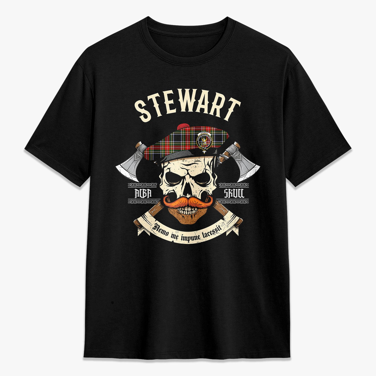 ScotsTee Shop Scottish Stewart Black Crest Tartan T-shirt Alba Skull Style