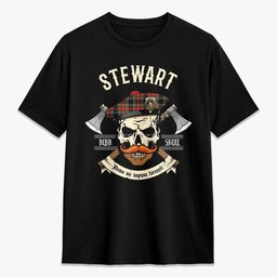 ScotsTee Shop Scottish Stewart Black Crest Tartan T-shirt Alba Skull Style