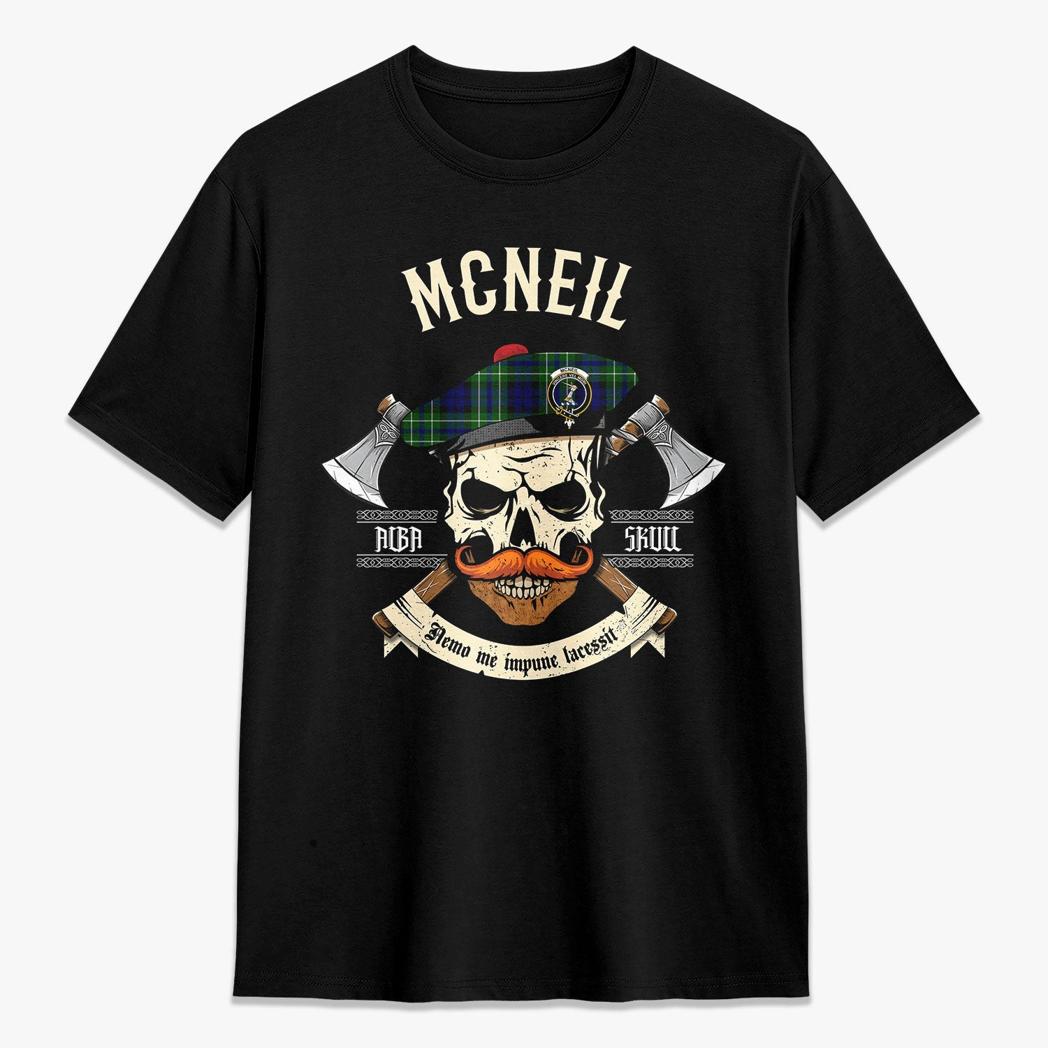 ScotsTee Shop Scottish McNeil of Colonsay Modern Crest Tartan T-shirt Alba Skull Style