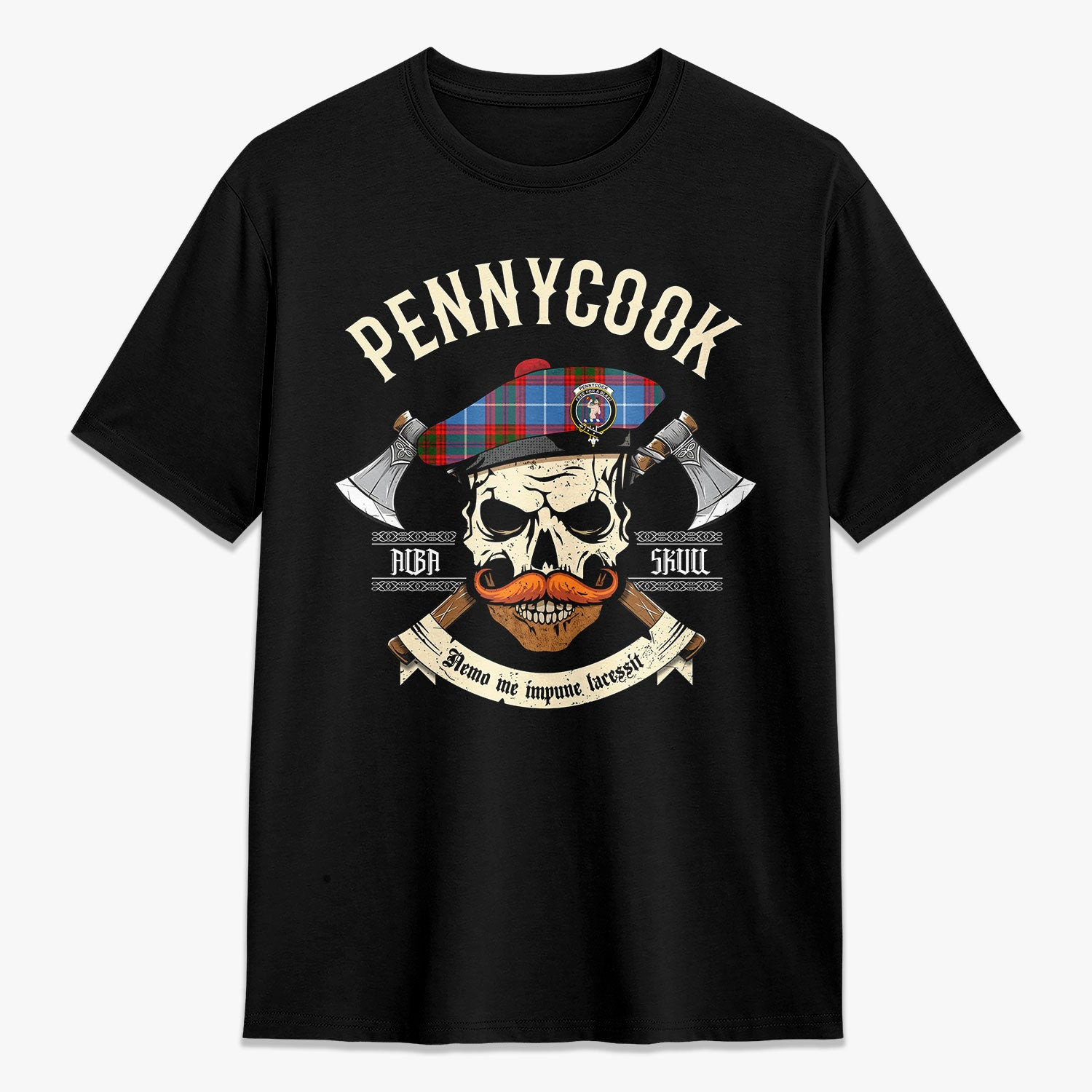 ScotsTee Shop Scottish Pennycook Crest Tartan T-shirt Alba Skull Style