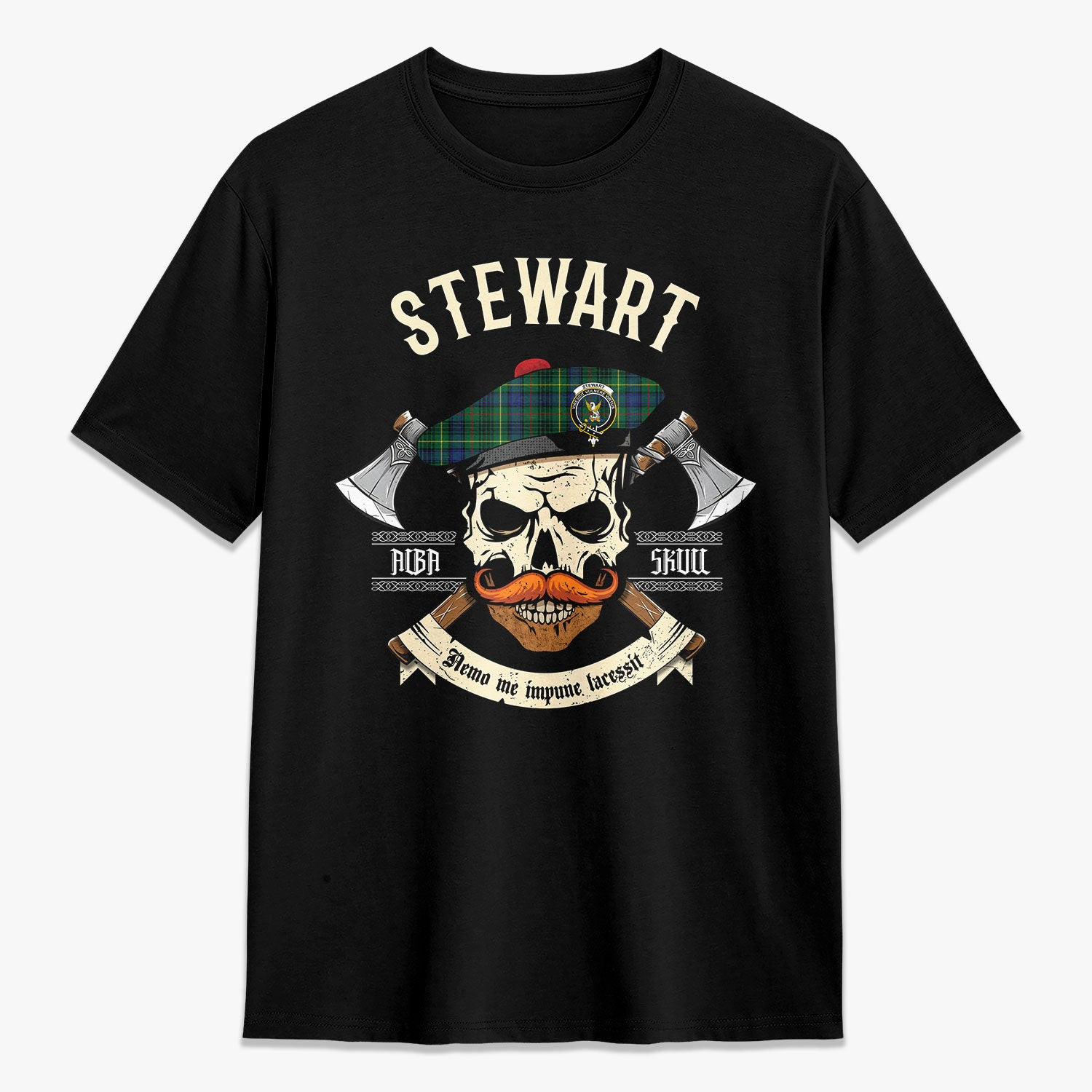 ScotsTee Shop Scottish Stewart Hunting Modern Crest Tartan T-shirt Alba Skull Style