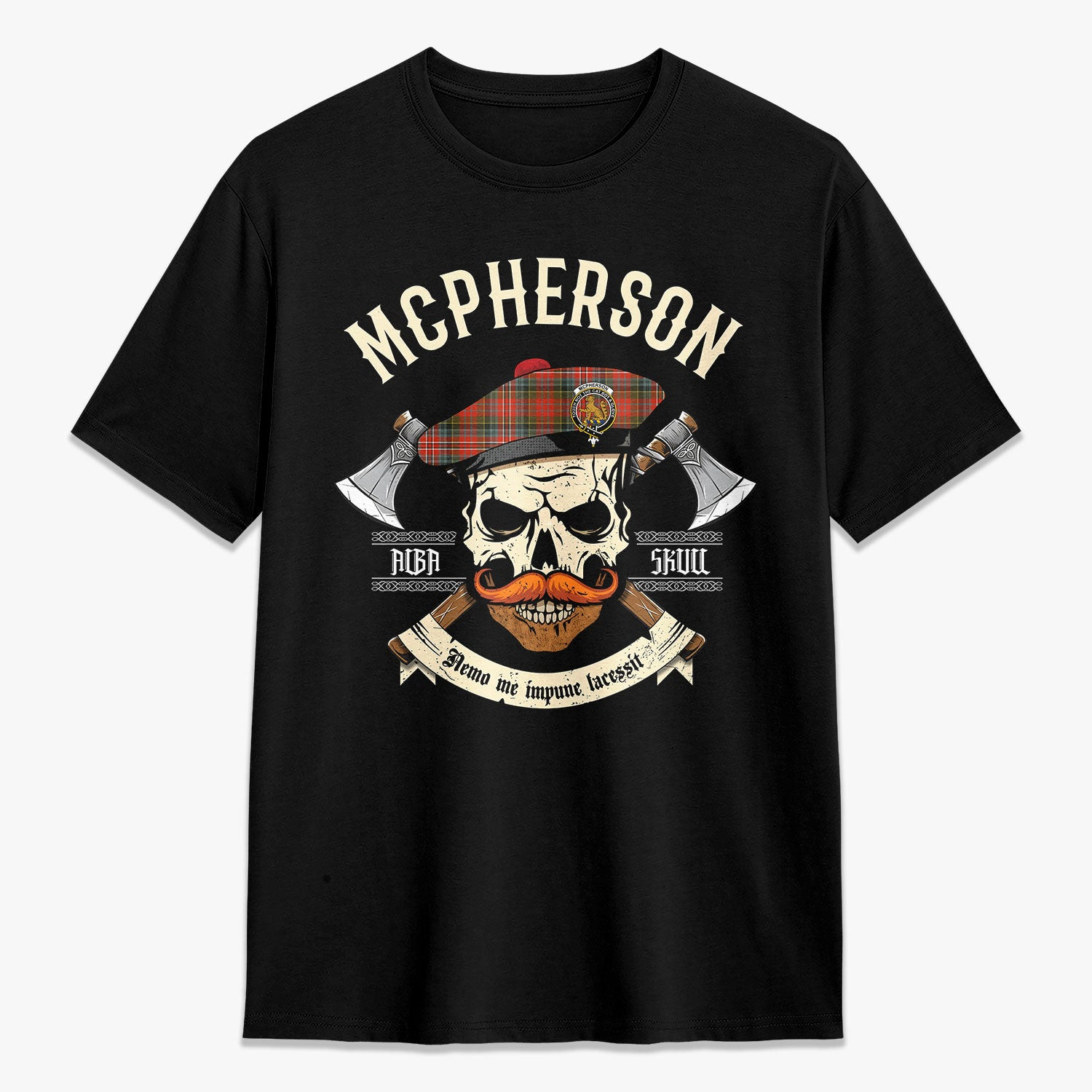 ScotsTee Shop Scottish McPherson Weathered Crest Tartan T-shirt Alba Skull Style