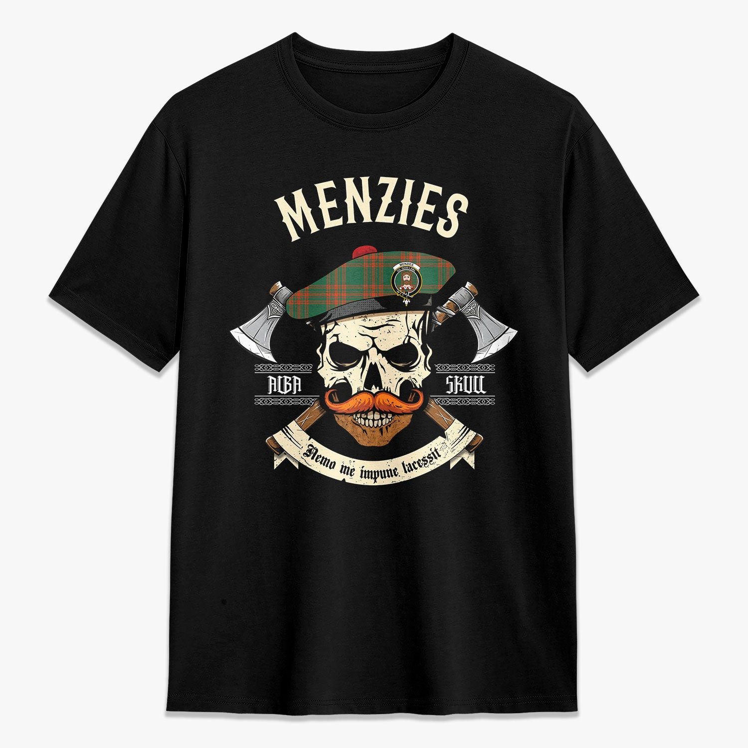 ScotsTee Shop Scottish Menzies Green Ancient Crest Tartan T-shirt Alba Skull Style