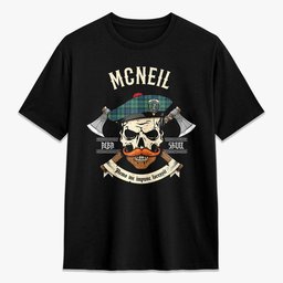 ScotsTee Shop Scottish McNeil of Colonsay Ancient Crest Tartan T-shirt Alba Skull Style