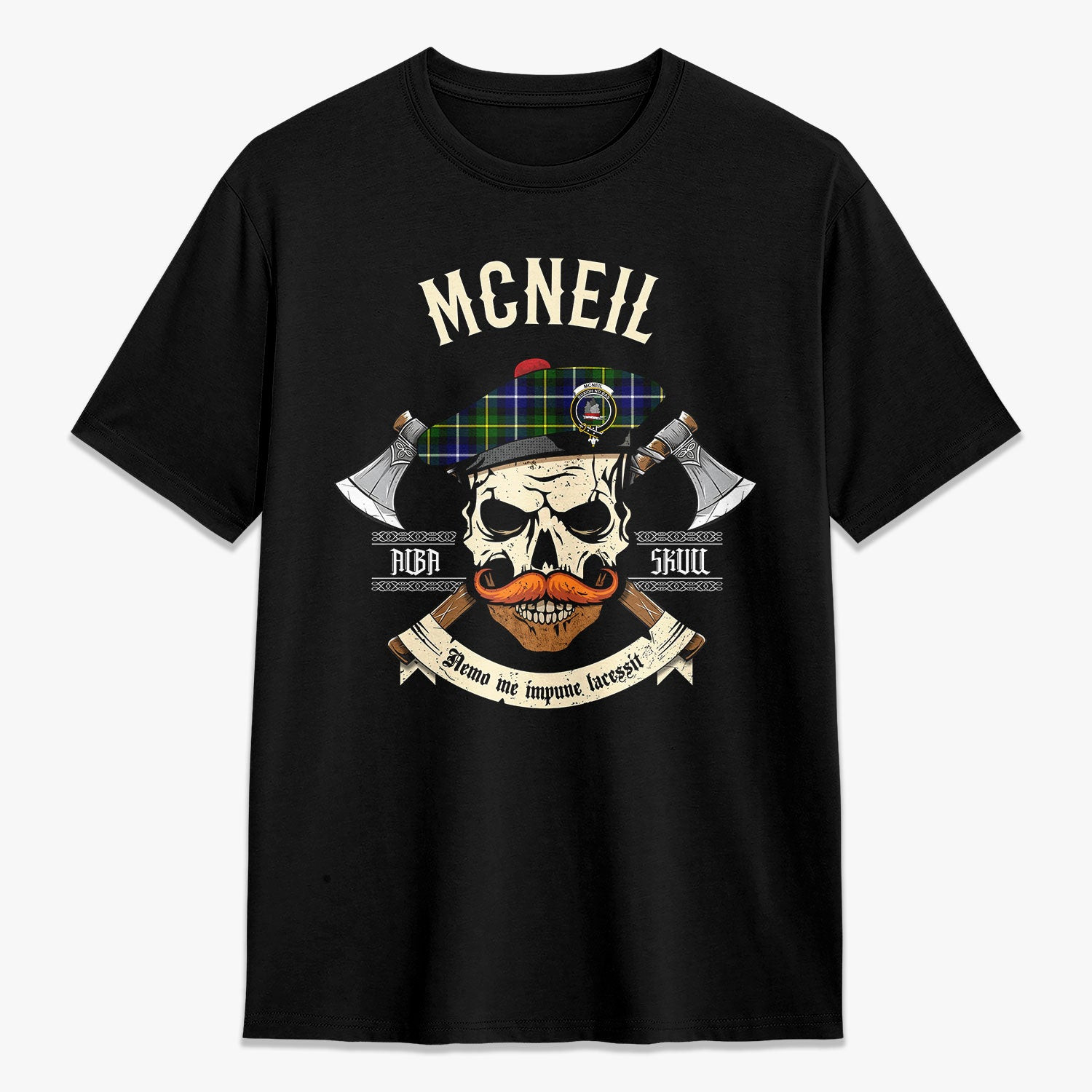 ScotsTee Shop Scottish McNeil of Barra Modern Crest Tartan T-shirt Alba Skull Style