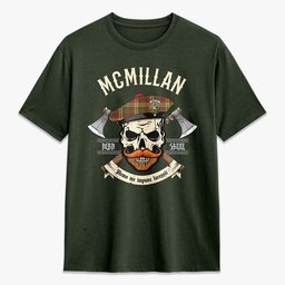 ScotsTee Shop Scottish McMillan Old Weathered Crest Tartan T-shirt Alba Skull Style