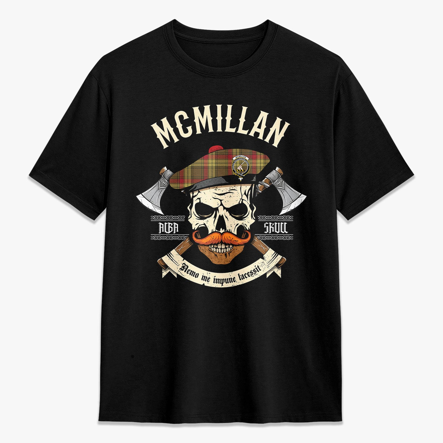ScotsTee Shop Scottish McMillan Old Weathered Crest Tartan T-shirt Alba Skull Style