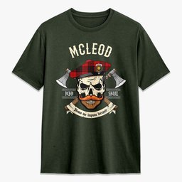 ScotsTee Shop Scottish McLeod of Raasay Crest Tartan T-shirt Alba Skull Style