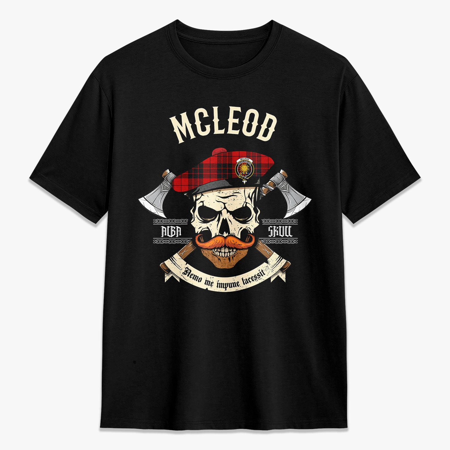 ScotsTee Shop Scottish McLeod of Raasay Crest Tartan T-shirt Alba Skull Style