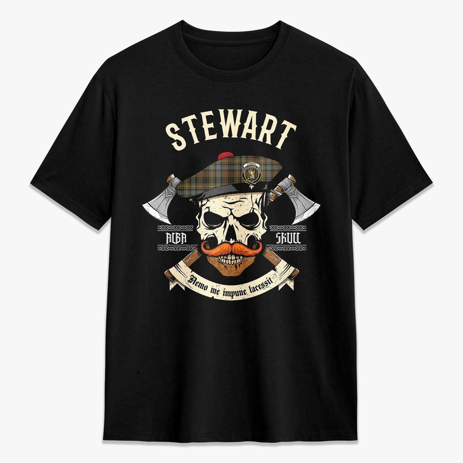 ScotsTee Shop Scottish Stewart Hunting Weathered Crest Tartan T-shirt Alba Skull Style