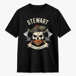 ScotsTee Shop Scottish Stewart Hunting Weathered Crest Tartan T-shirt Alba Skull Style