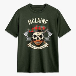 ScotsTee Shop Scottish McLaine of Loch Buie Crest Tartan T-shirt Alba Skull Style