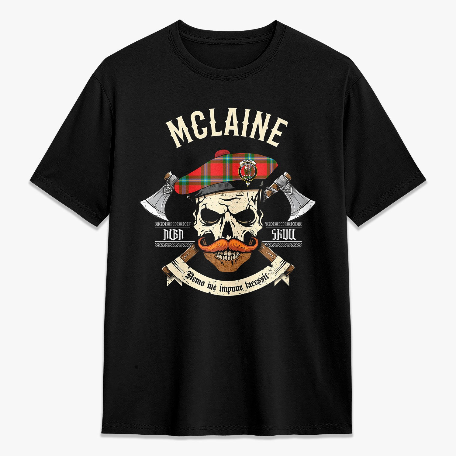 ScotsTee Shop Scottish McLaine of Loch Buie Crest Tartan T-shirt Alba Skull Style