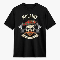 ScotsTee Shop Scottish McLaine of Loch Buie Crest Tartan T-shirt Alba Skull Style